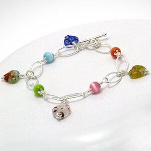 Sterling Silver Glass Beads and Heart Charms Bracelet - NEW
